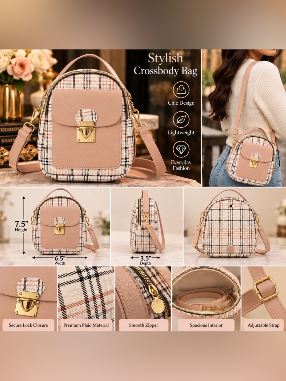 Plaid Pink Mini Crossbody Bag with Gold Hardware
